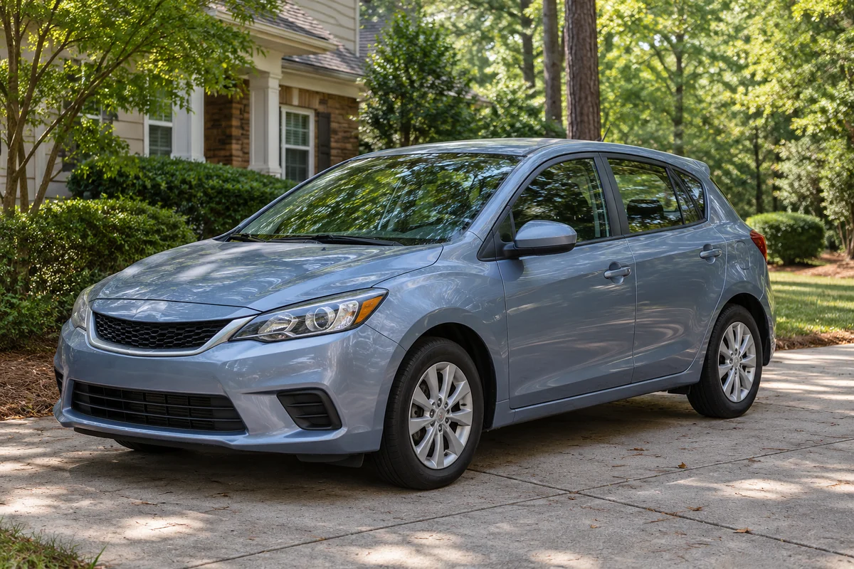 Representative AI-created compact car in a shaded suburban driveway