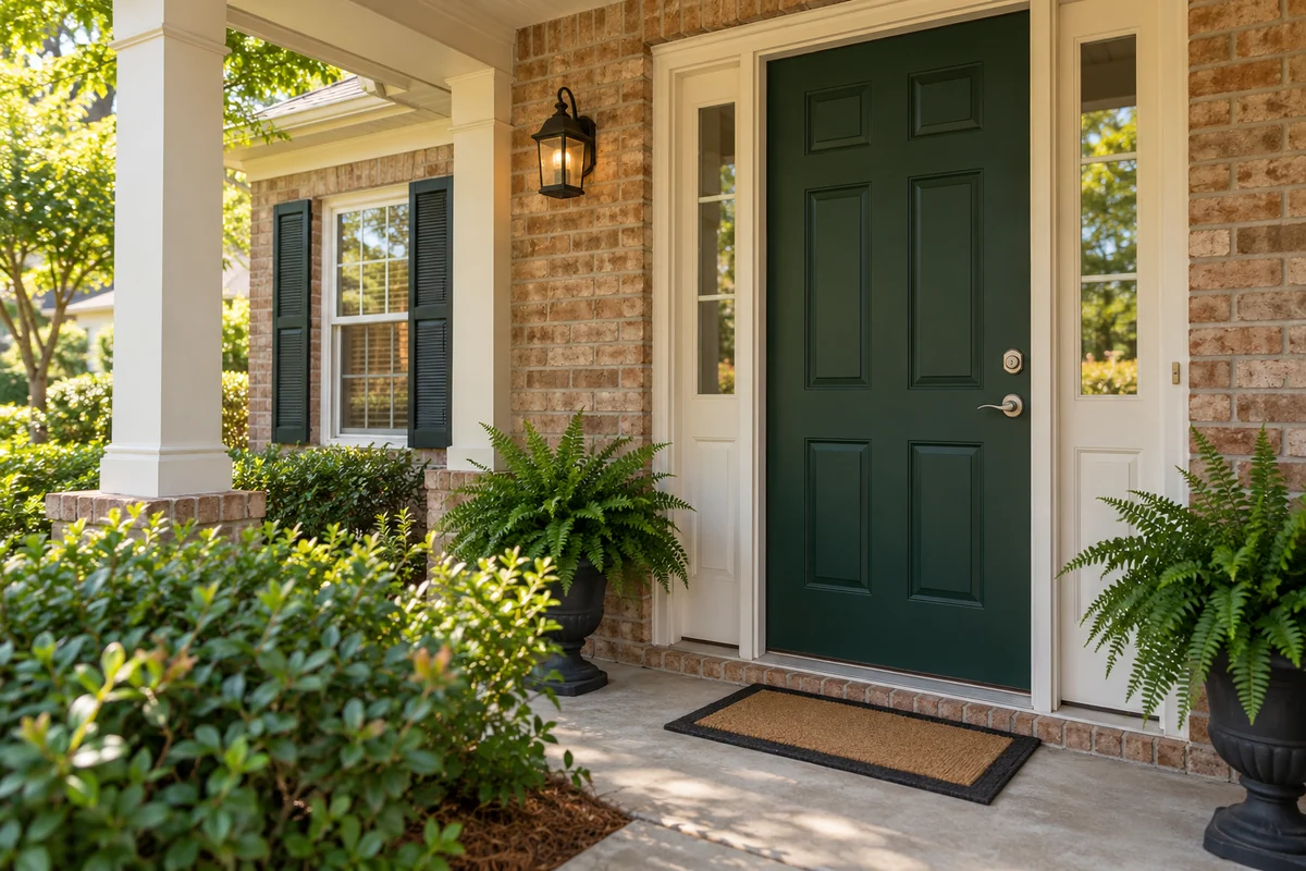 Representative AI-created scene of an ordinary brick-and-cream porch and front door